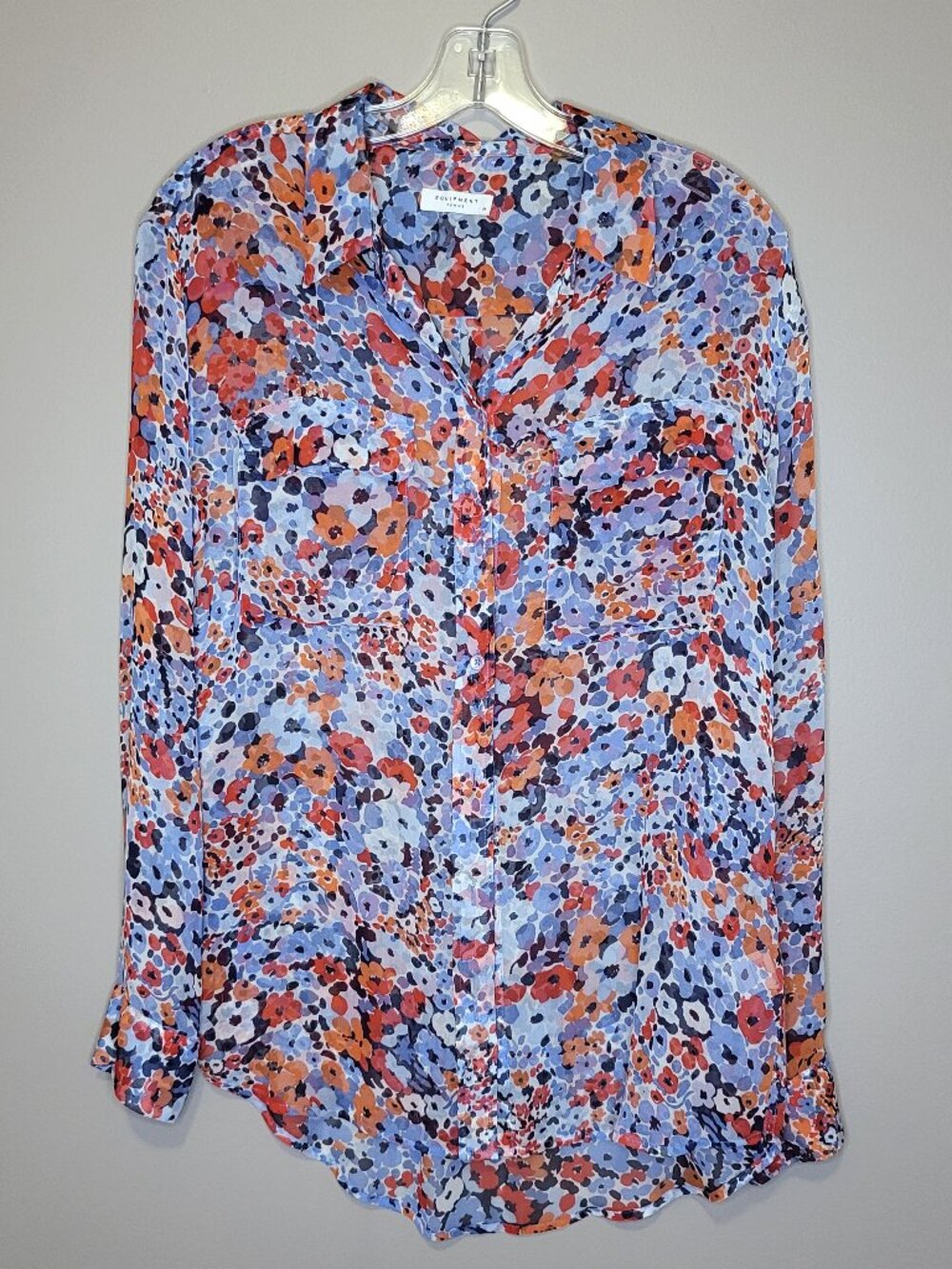Equipment Femme Silk Floral Button Front Blouse Medium Blue Orange Long Sleeve